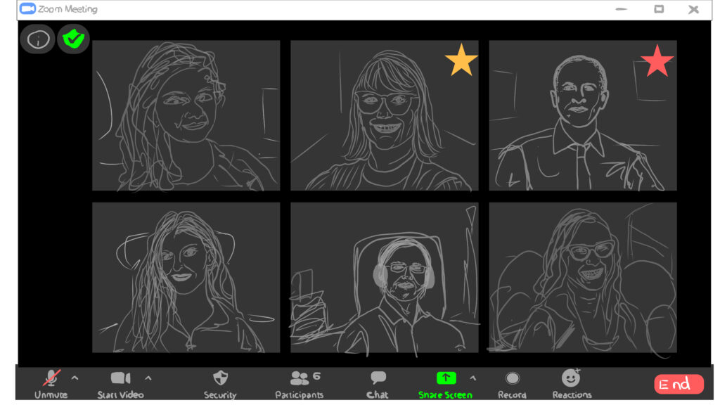 the image is a screen capture of a zoom meeting where there are 6 blocks each with a headshot of a person. the image is stylized to look hand drawn. 