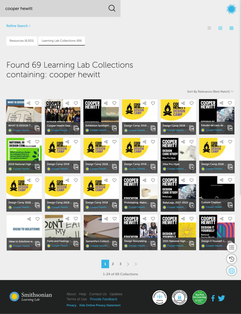 Mockup of Learning Lab search results that return only Cooper Hewitt, Smithsonian Design Museum collections