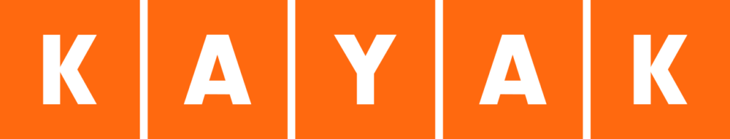 The new Kayak logo features bright orange squares with white capital letters on each.