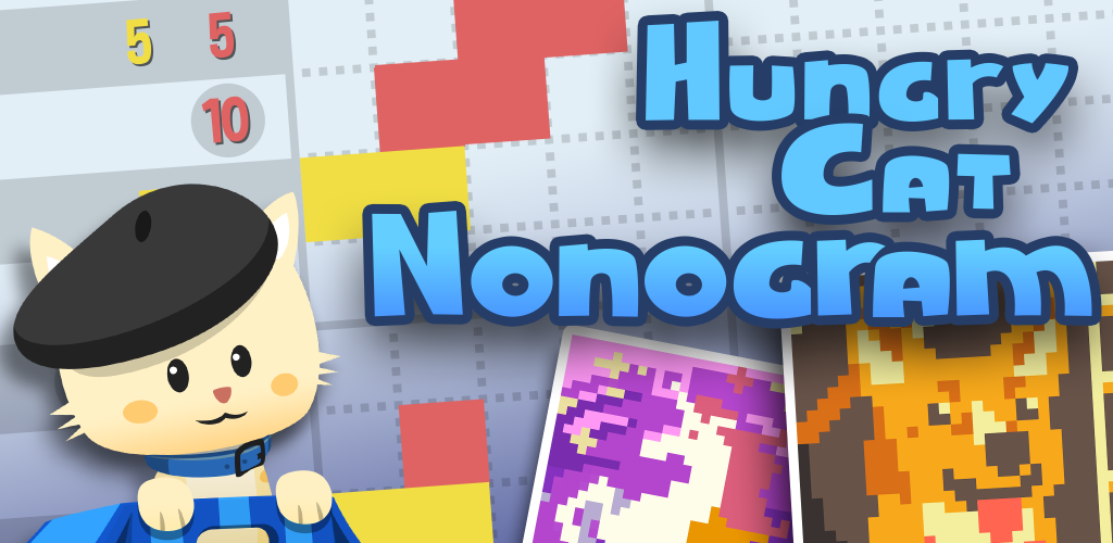 Banner with the name of a mobile game, Hungry Cat Nonogram, overlaid over a preview of a nonogram puzzle and a customizable cat from the application