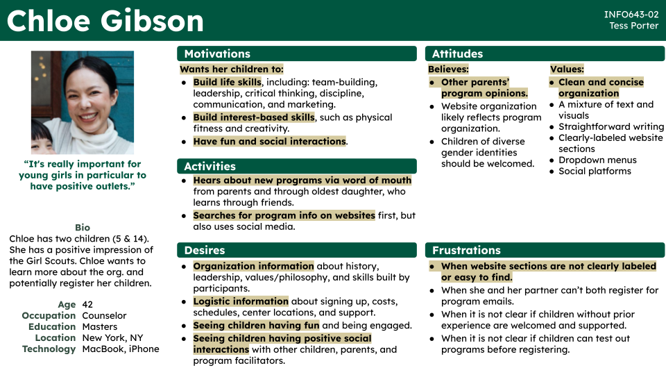 Caregiver persona with text that details motivations, activities, desires, attitutes, and frustrations; key findings listed in next H3 section