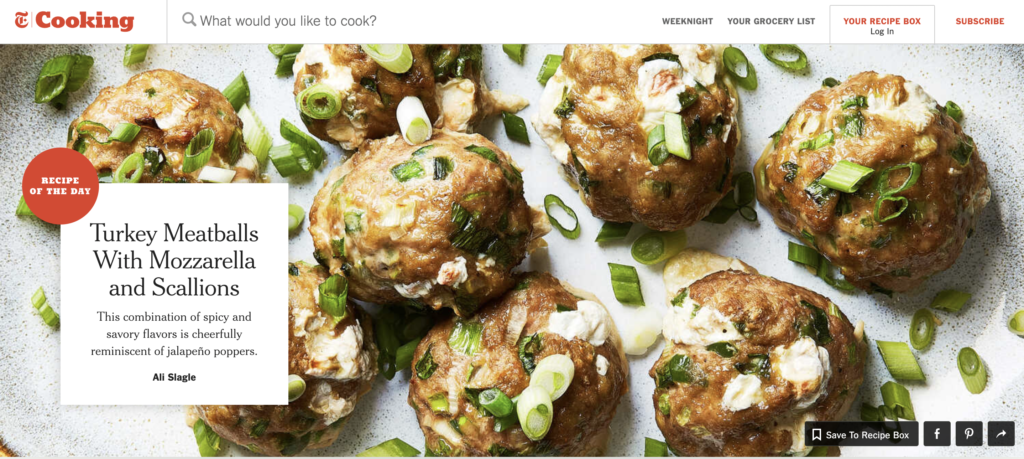 Home page of New York Times Cooking website, showing Recipe of the Day
