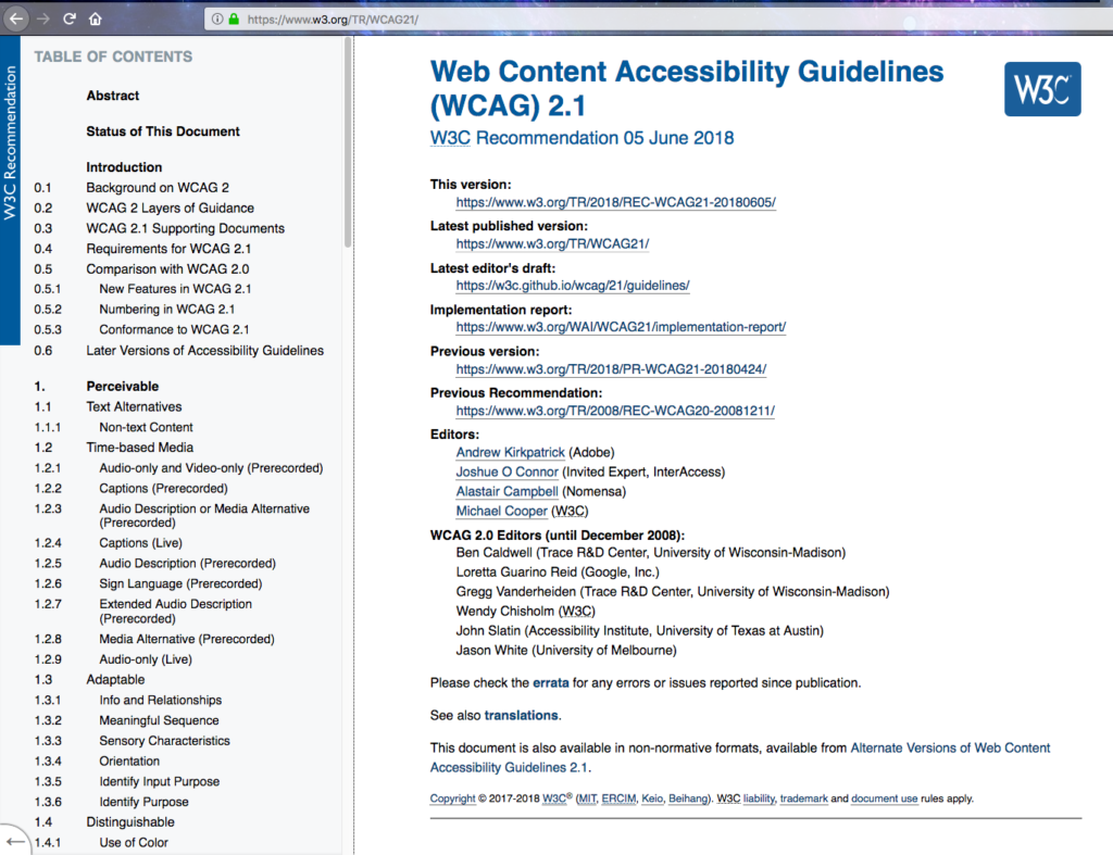 A screenshot of the WCAG 2.1 webpage.