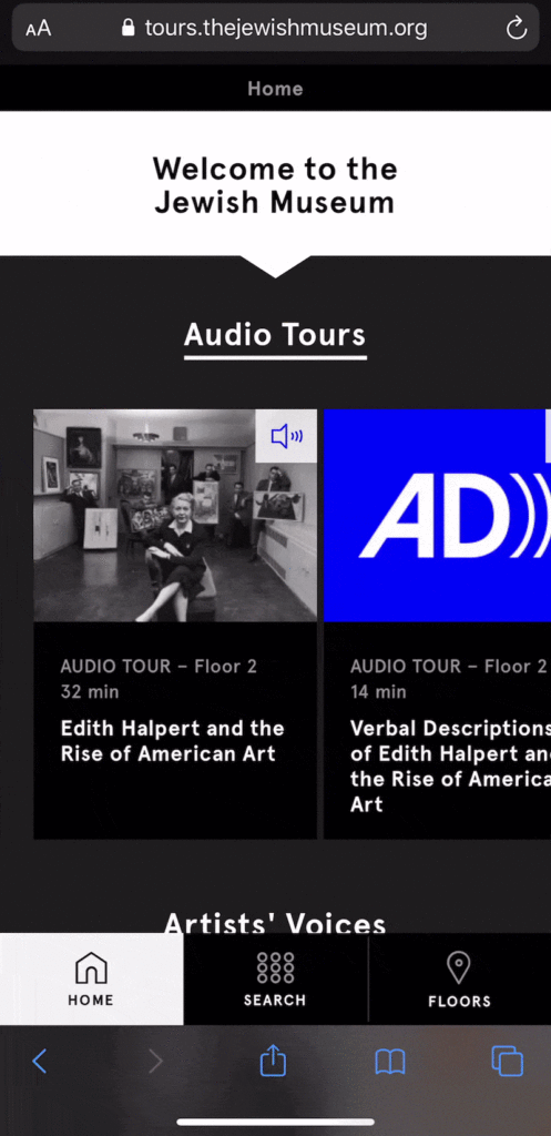 A gif showing the sections of the audio tours website