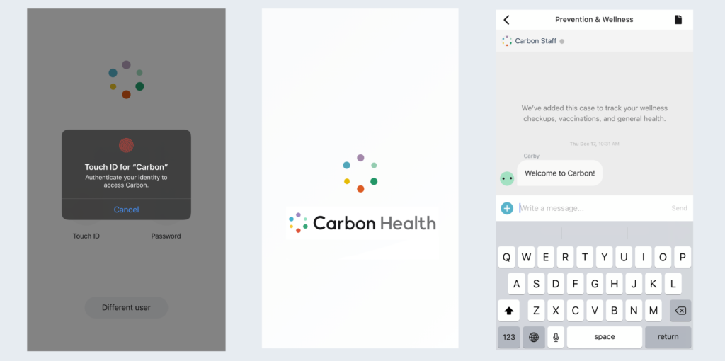 Screenshots compiled to one image to showcase Carbon Health app on ios three images side by side