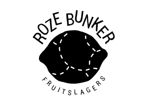 Roze Bunker logo. A black lemon, divided with dotted lines, with the words "Roze Bunker" written over it and "Fruitslagers" underneath.