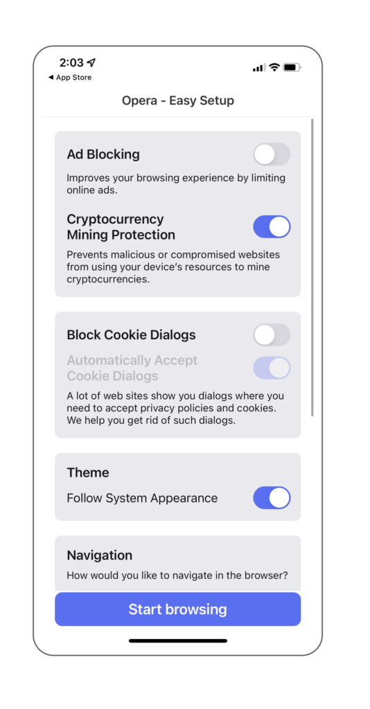 Opera iOS Easy Setup Screen
