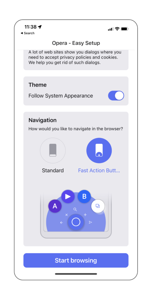 Opera iOS Easy Setup Screen showing Fast Action Navigation