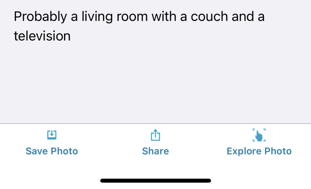 A text description from the app that reads: "Probably a living room with a couch and a television"