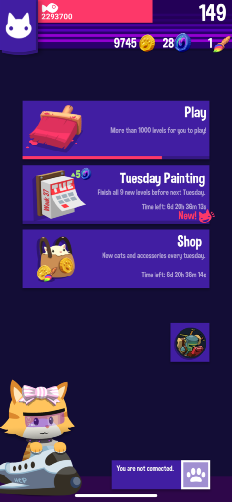 Screenshot of the home screen of the mobile game application Hungry Cat Nonogram; labeled signifiers here include Play, Tuesday Painting, and “Shop, and an affordance with an unclear signifier to customize the cat exists as an image of the user’s cat