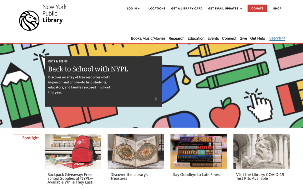 Landing page of the New York Public Library website, desktop version