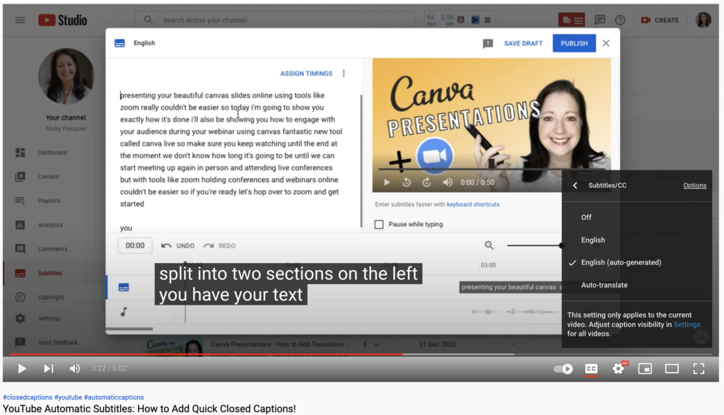 Screen shot of "YouTube Automatic Subtitles: How to Add Quick Closed Captions!" YouTube video