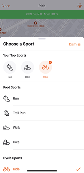Screen 4: Strava activity chooser with options for running, hiking, walking and riding a bike