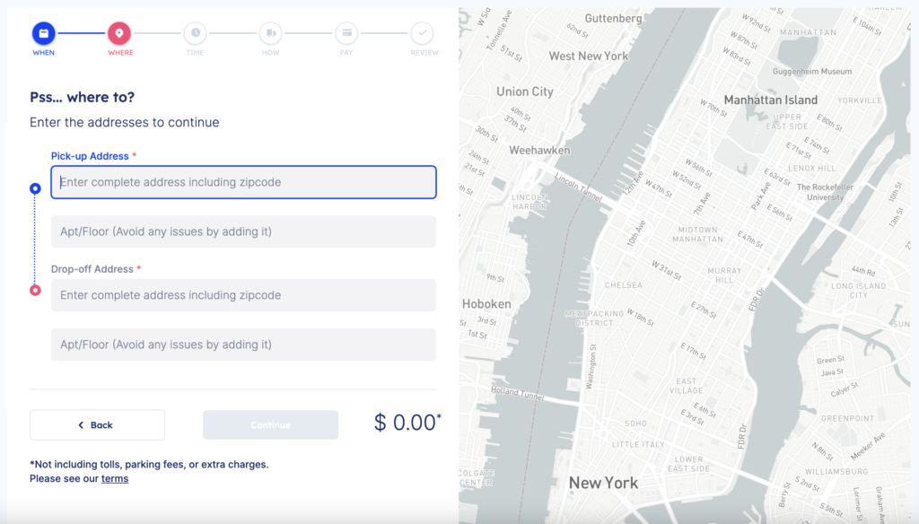 Address fields on an order form with a map of Manhattan