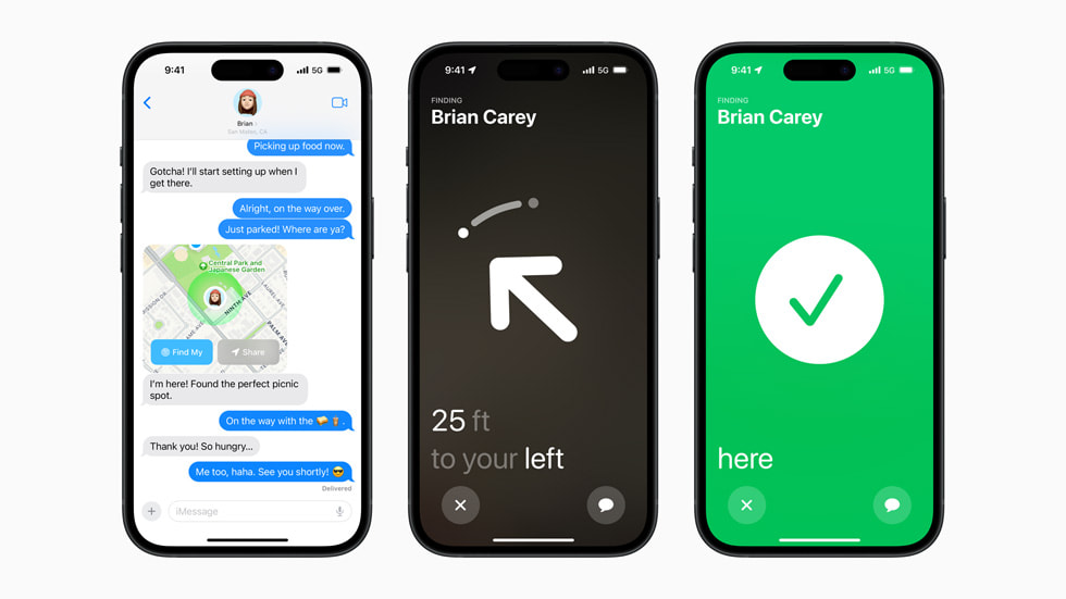 Three iPhones are visible in the image. The phone on the far left displays an iMessage conversation discussing location sharing. The second displays the Precision Finding application in action, the arrow and distance can be seen. The final phone displays the completion of the location tool, a green checkmark and the word 'here' is visible.