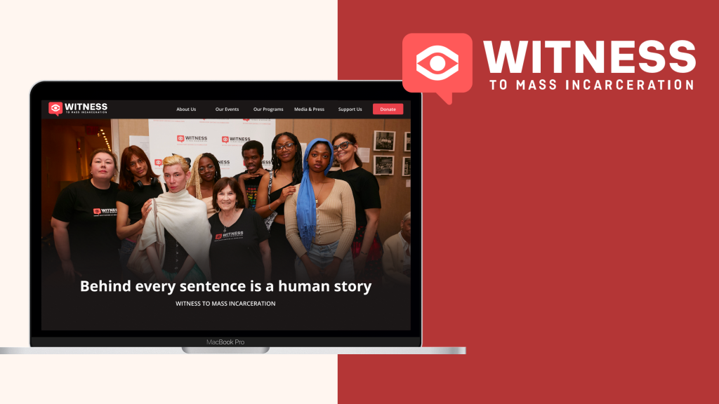 Homepage of the redesigned website and logo of Witness to Mass Incarceration