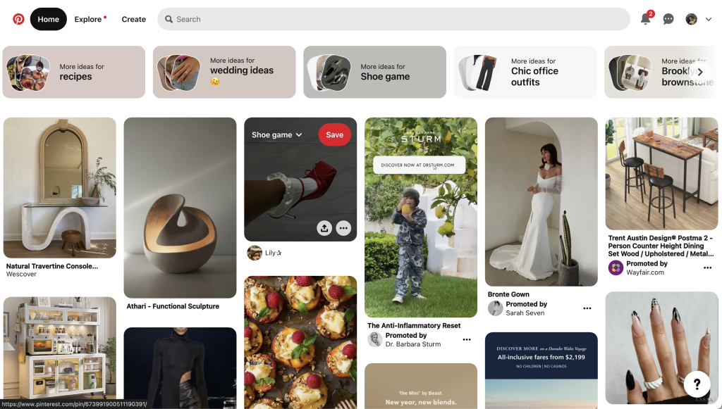 A picture of Pinterest's customized user homepage, highlighting the saved feature