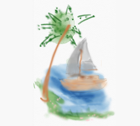 Digital drawing of a sailboat at sea with a shore and a palm tree. The artwork is in a blurry watercolor style and was created using the Tayasui Sketches iPhone application.