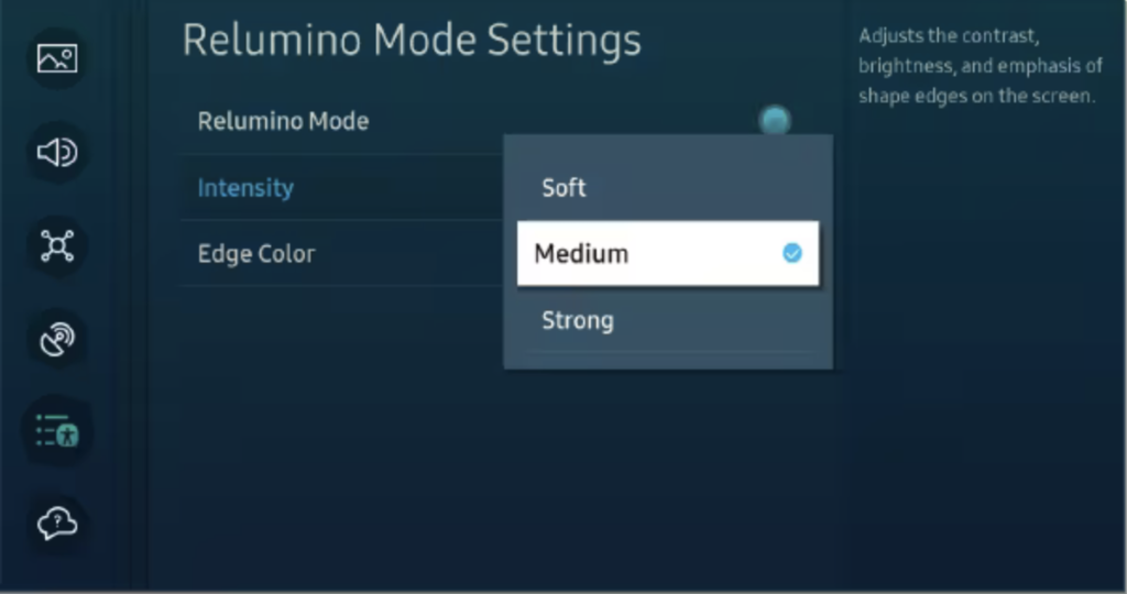 Setting to adjust Relumino Mode intensity to soft, medium, or strong