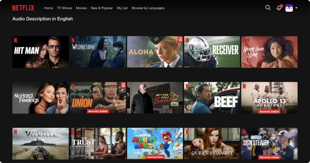 Screenshot of a Netflix page that displays all content with English audio description options. 