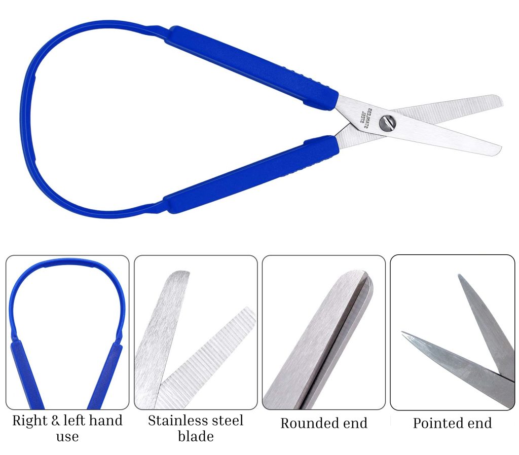 Magnified views of the scissors with feature description highlighting Right and left hand use, stainless steel blade, rounded end and pointed end