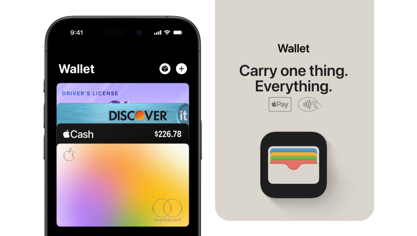 This cover image has two visuals. The left visual is a screenshot of an Apple Wallet featuring several different financial cards. The right visual reads the slogan "Wallet: Carry one thing. Everything," with two small logos of Apple Pay and Contactless Payment underneath, along with the logo of Apple Wallet below that.