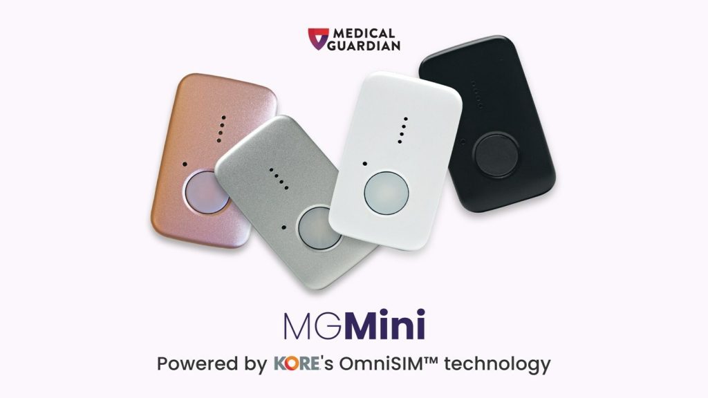 Photo of four life alert buttons from rose gold, silver, white, and black in color. Text above states Meidcial Guardian. Text blow says MGMini powered by KORE's OmniSIM technology 