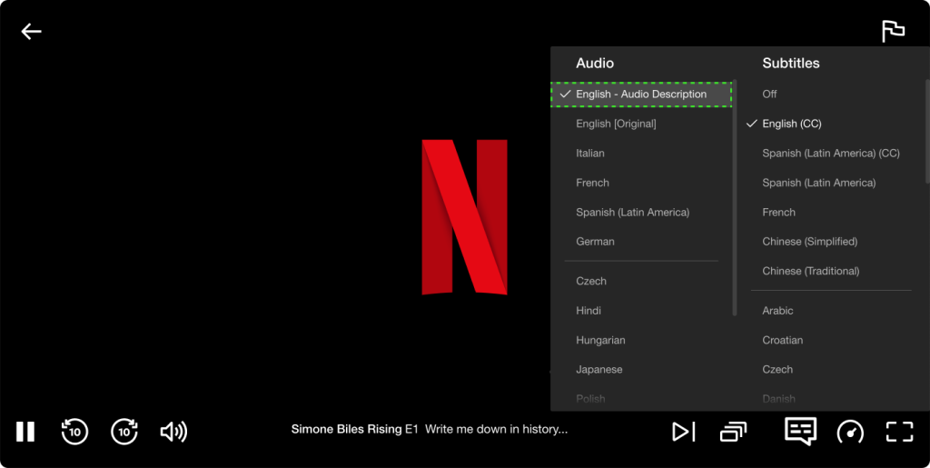 Screenshot of Netflix subtitle menu showing audio description option