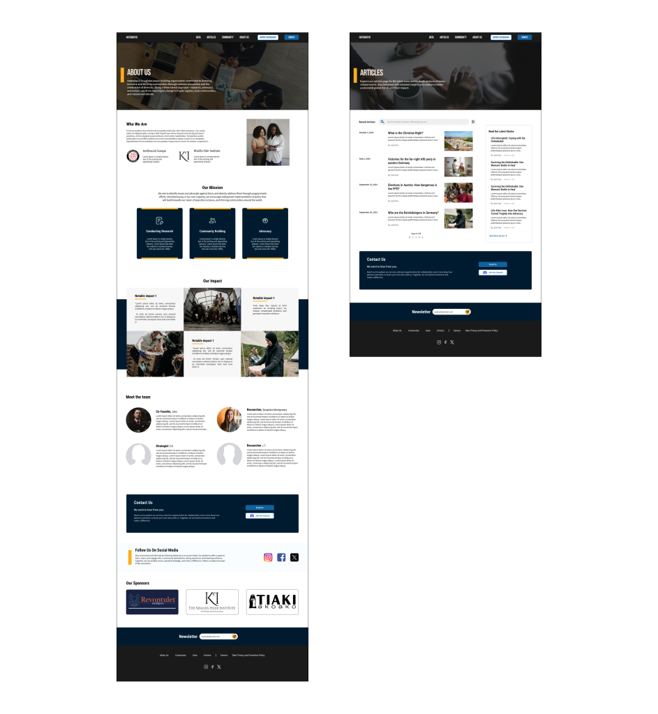 Screens of the About Us page (left), and Articles page (right).