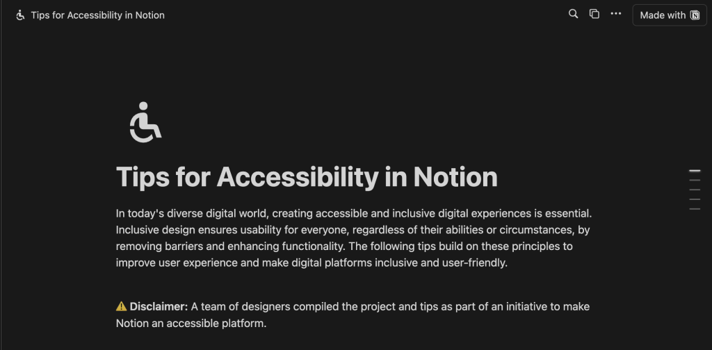 Website screenshot for Tips for Accessibility in Notion