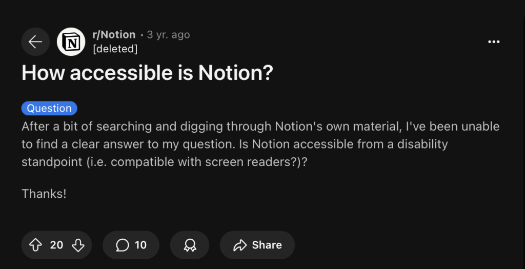 Reddit Post for 'How accessible is Notion?' from 3 years ago