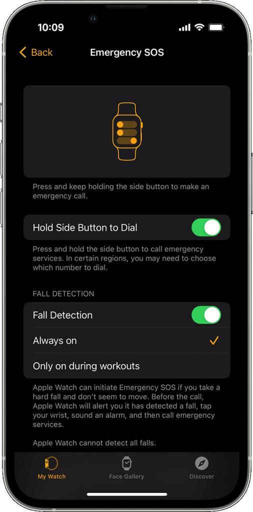 The instruction how to Turn Fall Detection on or off from Apple's official website.