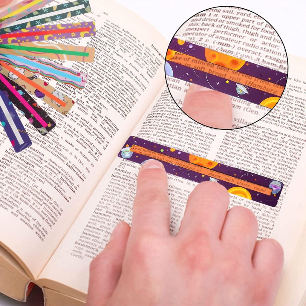 Person reading a book with a highlighter bookmark. There are other examples of the bookmark in the top left hand corner of the image.