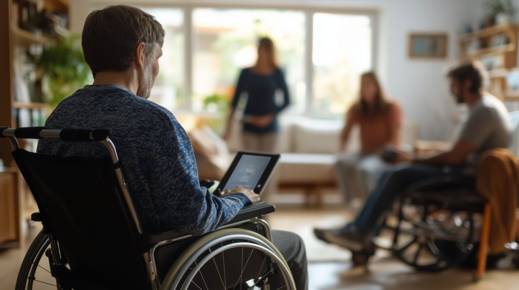 A person with ALS utilizes a communication device to chat with friends while seated in a wheelchair. 