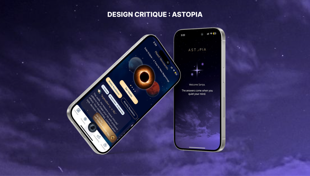 The photo shows two iPhones displaying the "Astropia" app on a dark, celestial background, with the left phone angled to show celestial event details and the right phone showing the app's welcome screen.