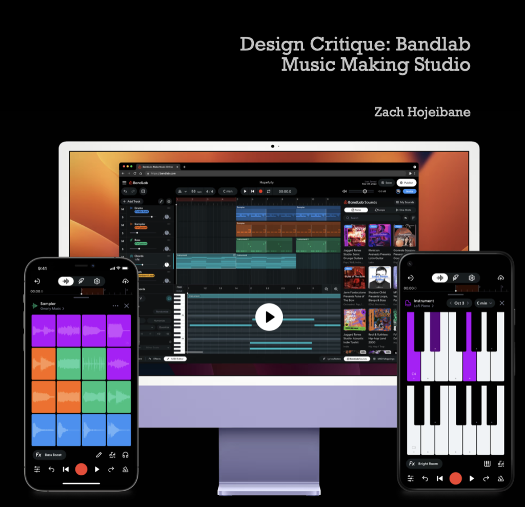 The homepage Bandlabs website showcases some of the key features such as the sampler board, music creation studio, and built in keyboard.