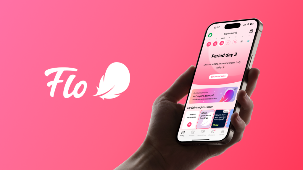 Hand holding a smartphone displaying the Flo app home screen, showing period tracking information on a pink gradient background, with the Flo logo on the left.