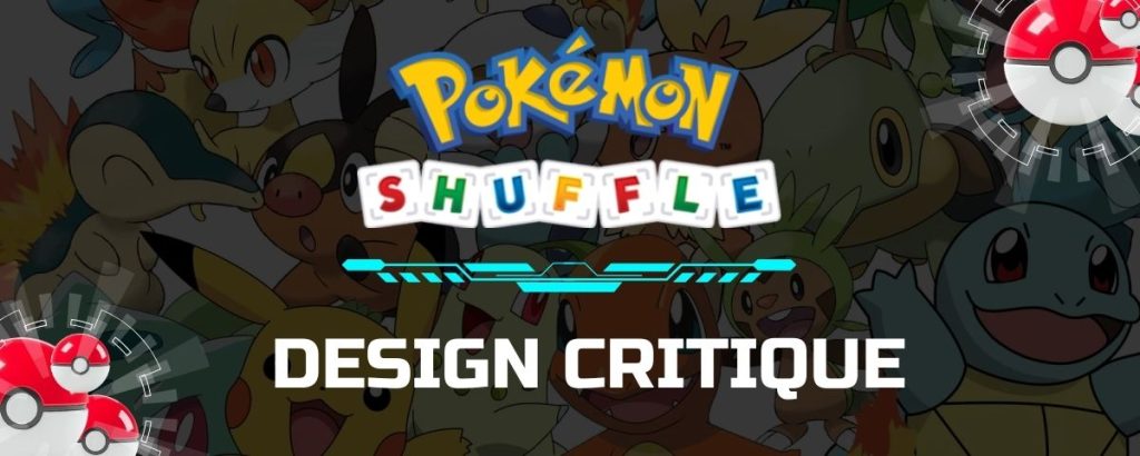 Banner for a Pokémon Shuffle design critique blog, featuring the Pokémon Shuffle logo with colorful letters, popular Pokémon characters in the background, and the text 'Design Critique' in bold white font.
