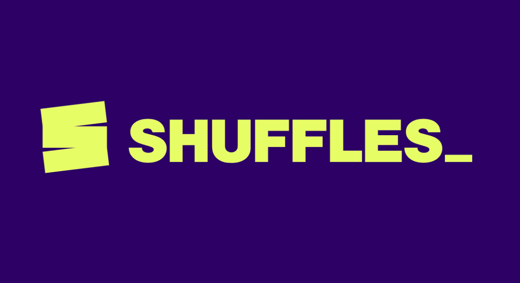 The Shuffles logo on a dark purple solid background.