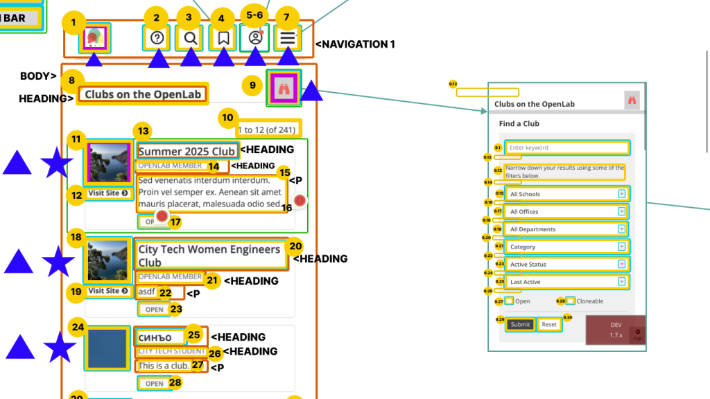 Screen shot of mobile view with annotations. The webpage is covered in yellow, green, and red boxes marking the different accessibility experiences of the mobile page.