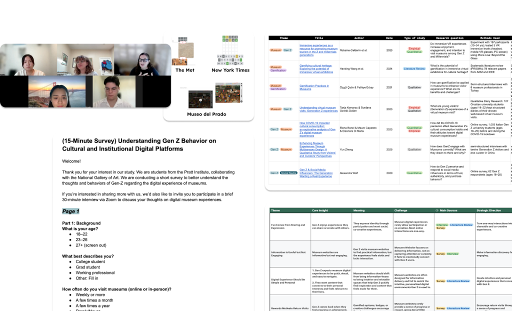 Images demonstrating the process, including screen captures from meetings with Sara Snyder (Smithsonian Institution), desk research, and surveys.