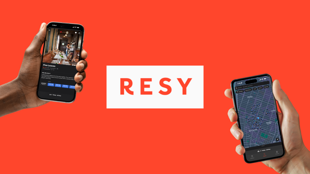 Two hands holding smartphones displaying the Resy restaurant reservation app against a vibrant red background with white Resy logo centered between them; left phone shows a restaurant interior photo with details, right phone displays a map view with restaurant locations