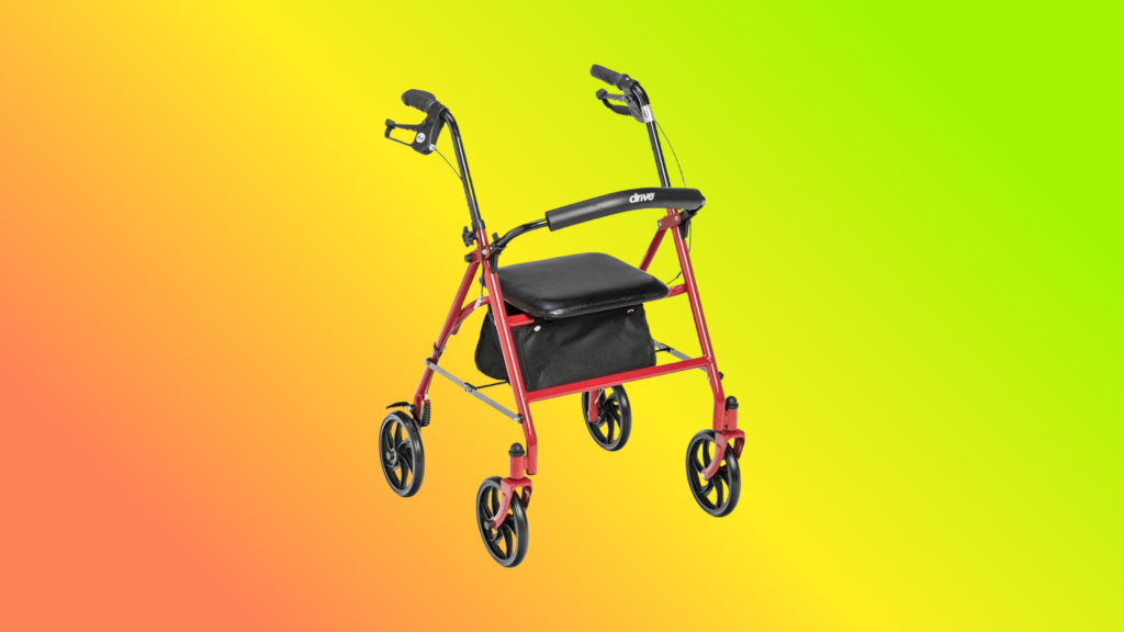 Photo of a 4-wheeled walker with a seat, known as the rollator set against a rainbow background.