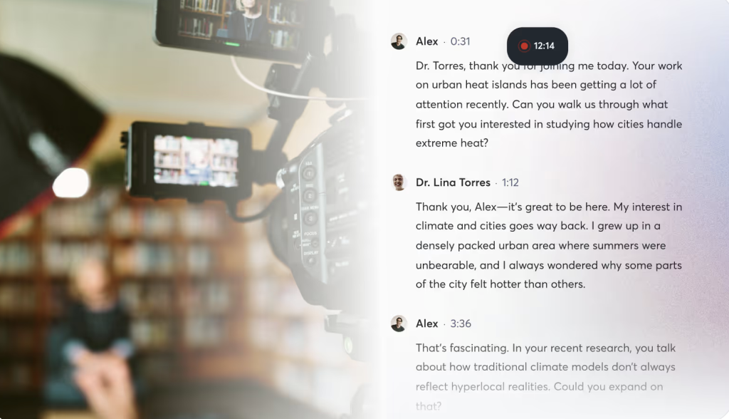 A split image with a gradient division in the middle. The image on the left shows a blurred out scene viewing a video camera in the foreground filming a woman seated in front of books in a library. On the right depicts text showing a live transcription of what is being recorded. 