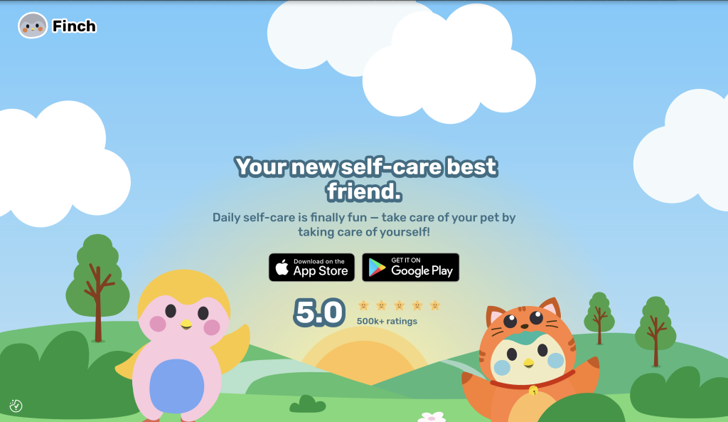 Image of the home page of the Finch website with cartoon animals in front of green hills, featuring links to go download the app in the iOS App Store and Google Play Store.
