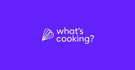 Company logo displayed on the right and the name "what's cooking?" on the left, set against a vibrant purple background.