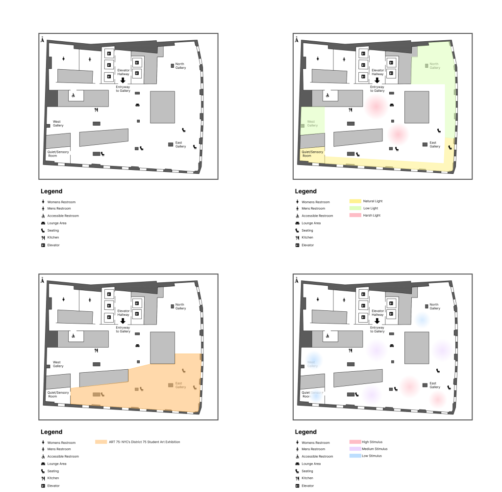 Sensory map: Color-coded floor plans of Positive Exposure Gallery by sensory intensity. Designed by Alaa Shihab. 
