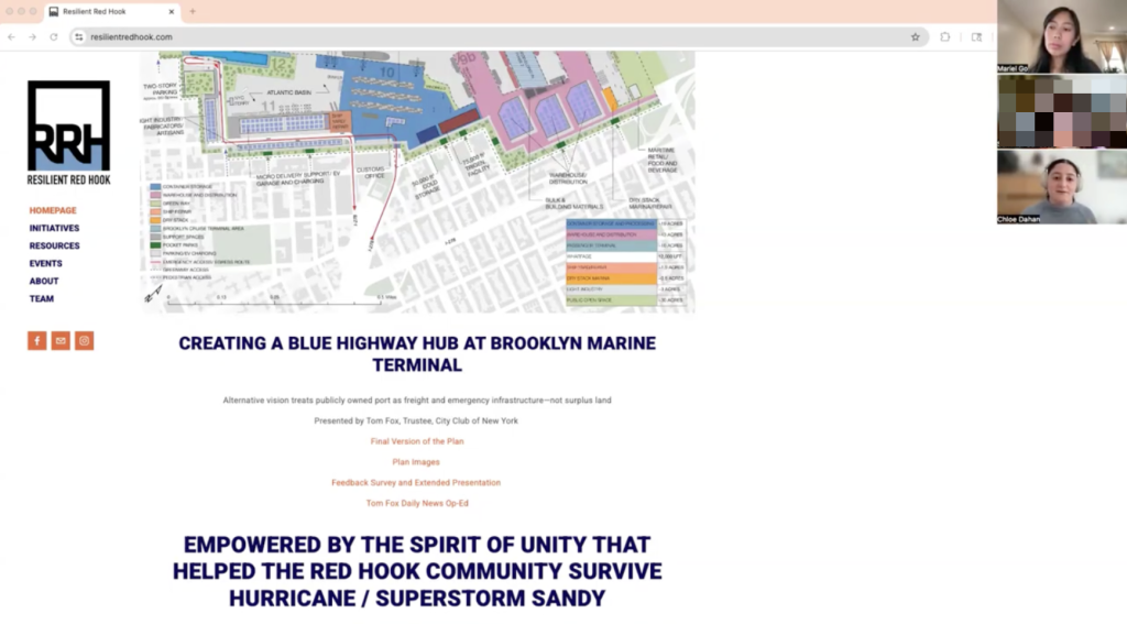 Screenshot of a stakeholder interview over video call, showing the existing Resilient Red Hook website on screen with a Brooklyn Marine Terminal site plan, alongside small video tiles of meeting participants. 