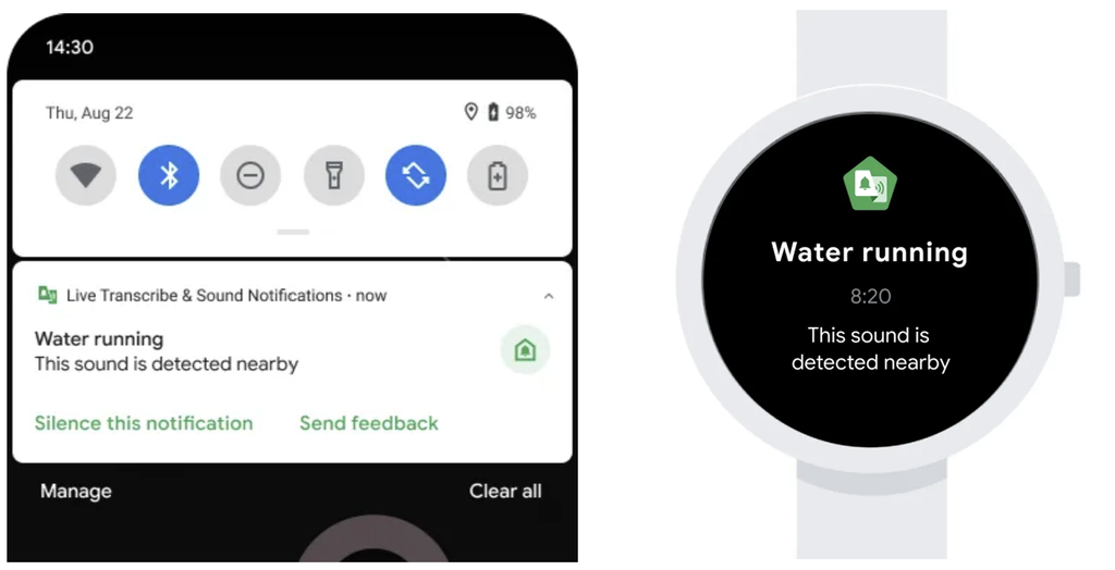 Fig. 2: The phone’s notifications view, and smartwatch view showing a Sound Notification alert that running water has been detected nearby.