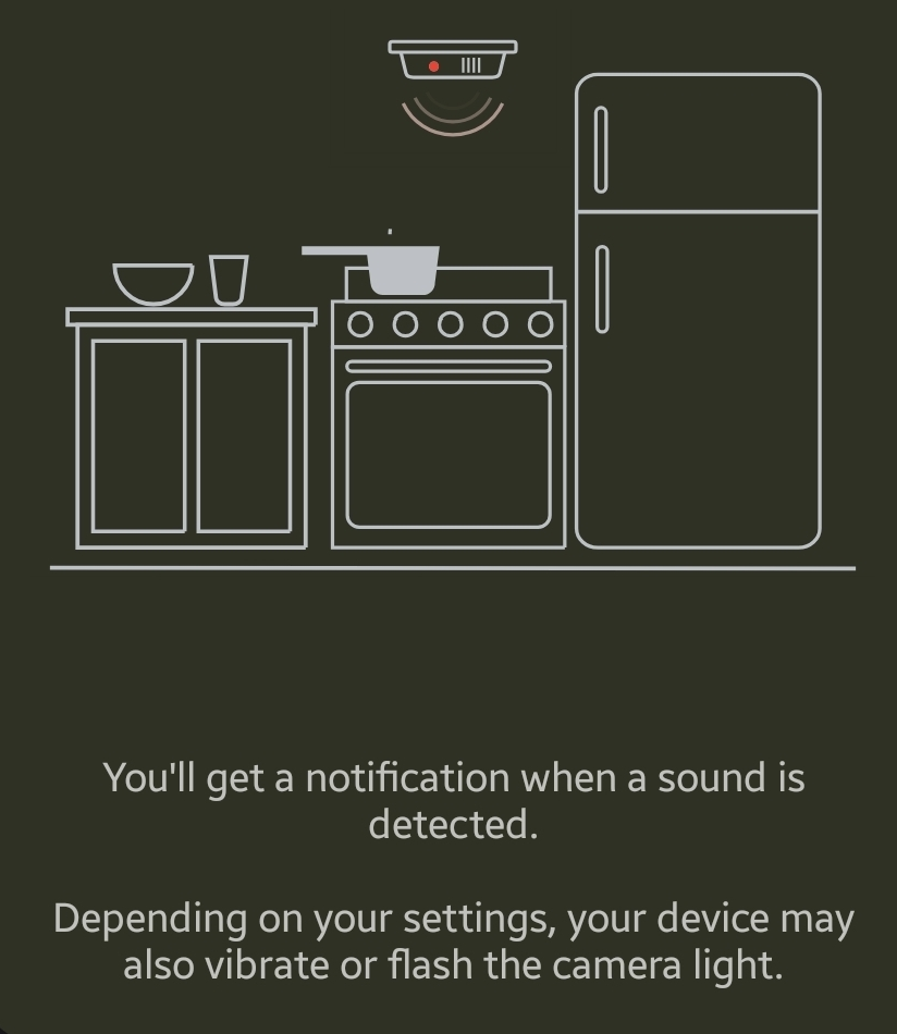 Fig. 1: Feature introduction in Accessibility menu. The text reads 'You'll get a notification when a sound is detected. Depending on your settings, your device may also vibrate or flash the camera light.'